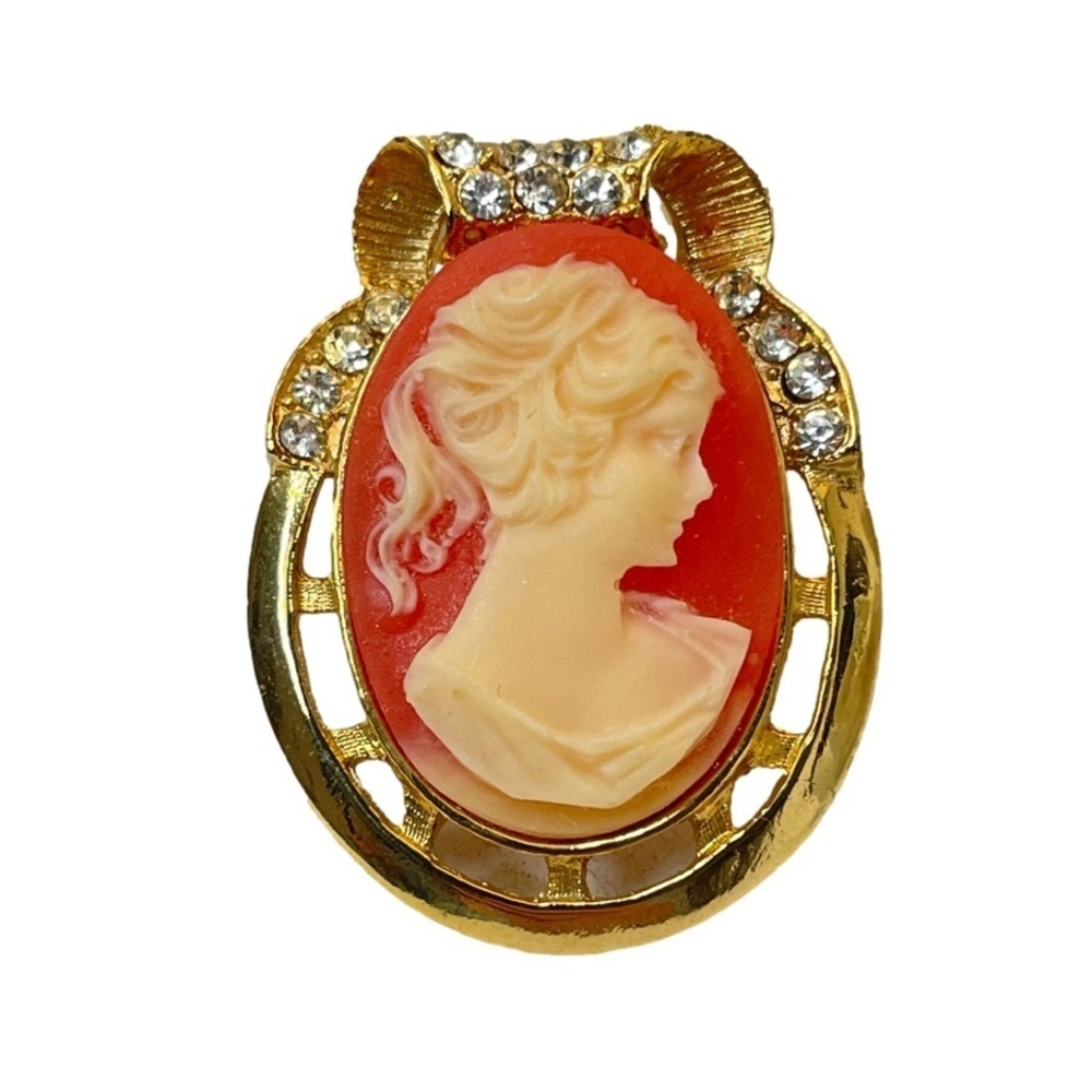 Cameo Brooch Pendant Gold Tone with Crystals